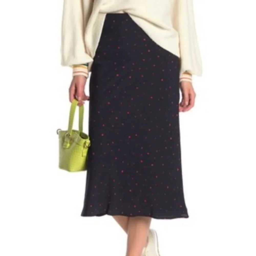 New Anthropologie Elodie Skirt A-line Midi Length Navy Blue with Red Polka Dots - Picture 2 of 8